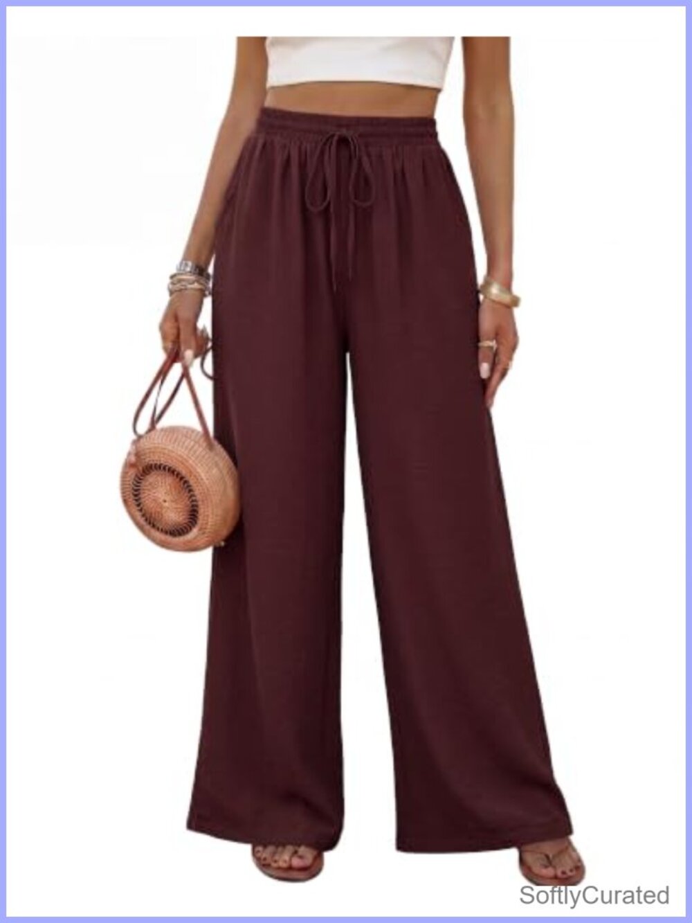 Boho Palazzo Wide Leg Flowy Pants with Pockets Elastic Waist